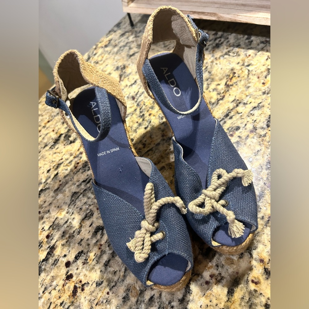 ALDO Boho Denim Wedge Sandals Open Toe Ankle Strap Women’s EU 37 US 6.5 - Picture 3 of 5